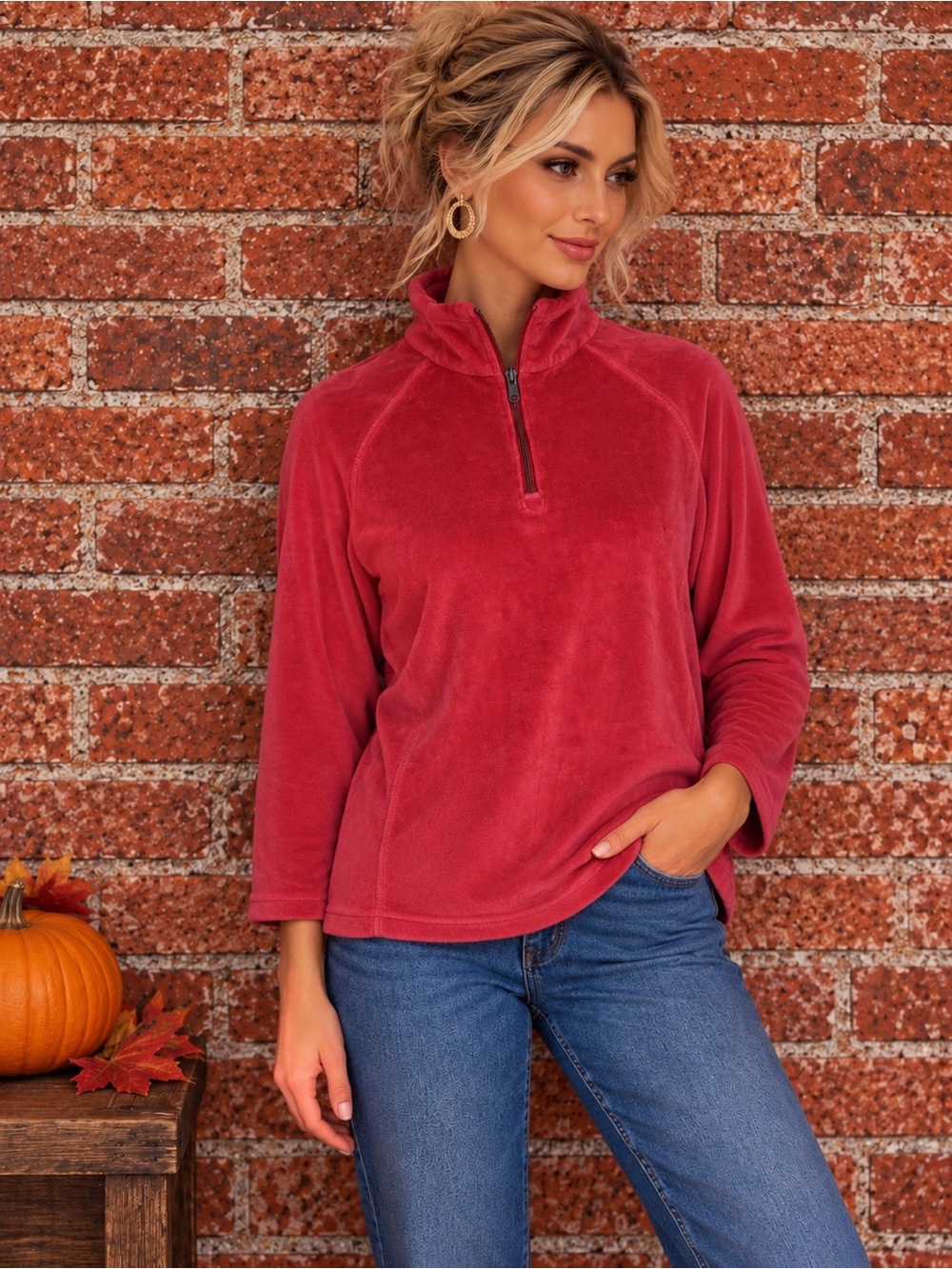Columbia Cherry Red Velour Half Zip Pullover